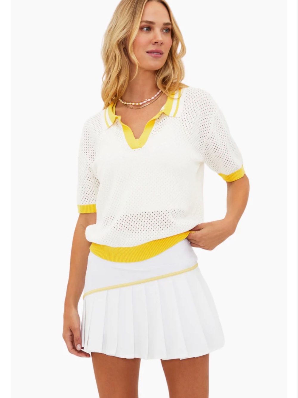 Beach Riot White Open-Knit Polo Sweater with Yellow Trim